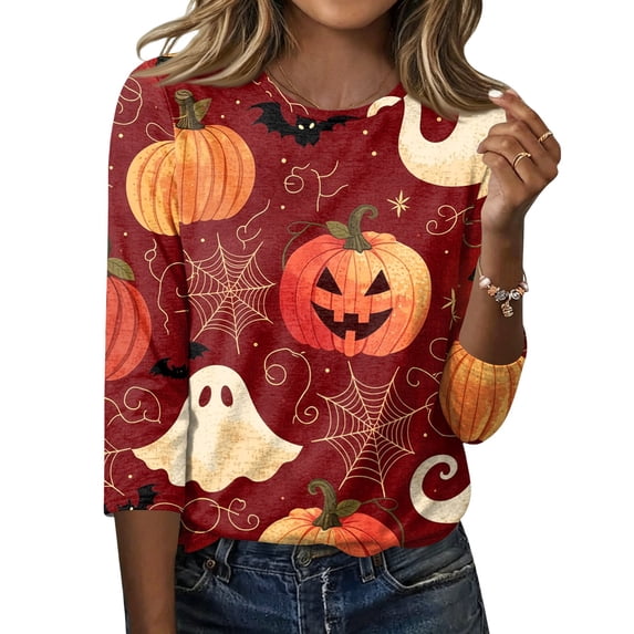 Womens Shirts Halloween Funny 3/4 Sleeve Tops Horror Pumpkin Ghost Printed T Shirts Spooky Round Neck Pullover Holiday Three Quarter Length Blouses, S