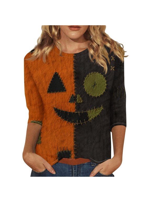 Womens Shirts Halloween Funny 3/4 Sleeve Tops Spooky Pumpkin Face Printed Pullover Horror Crew Neck T Shirts Holiday Three Quarter Length Blouses, 4XL
