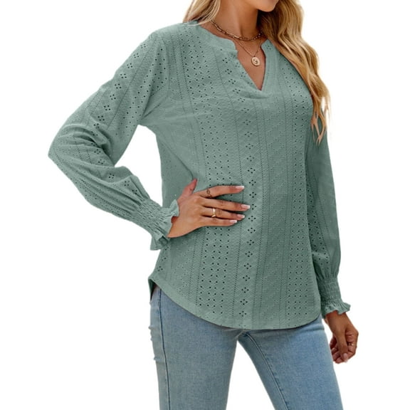 Womens Shirts Lace Top Casual Long Sleeve V Neck Shirts for Womens Puffed Puffed Sleeves Tops for Womens Cogild