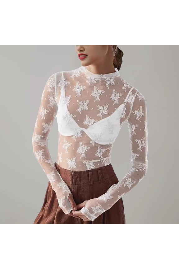 Womens Shirts Lace Undershirt Lace Long Sleeve Tops for Womens Mesh Top Thumb Hole See Through Pullover Blouses Fashion Clothing