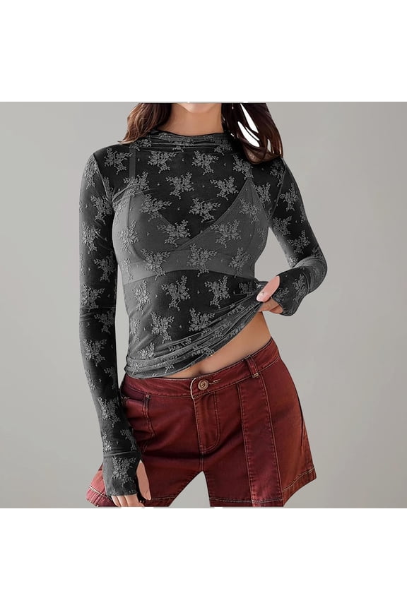 Womens Shirts Lace Undershirt Lace Long Sleeve Tops for Womens Mesh Top Thumb Hole See Through Pullover Blouses Fashion Clothing