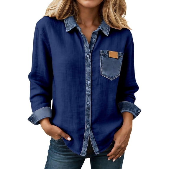 Womens Shirts Lapel Color Block Long Sleeve Button Down Blouse Stylish Dressy Casual Summer Shirts