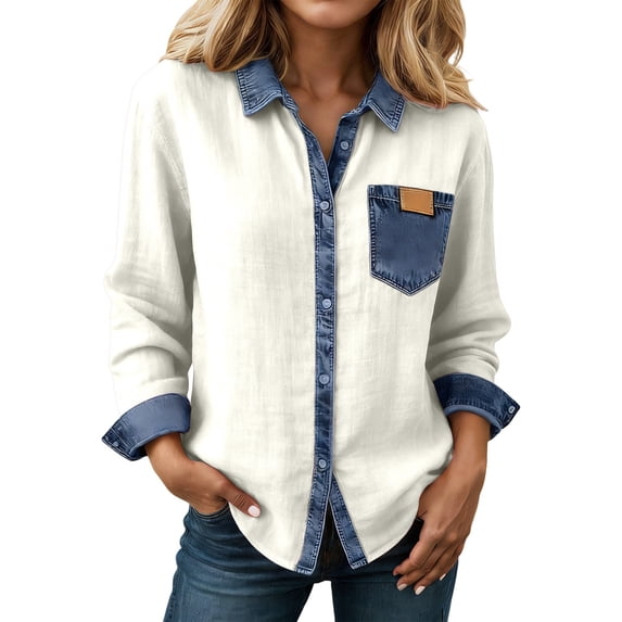 Womens Shirts Lapel Color Block Long Sleeve Button Down Blouse Stylish Dressy Casual Summer Shirts
