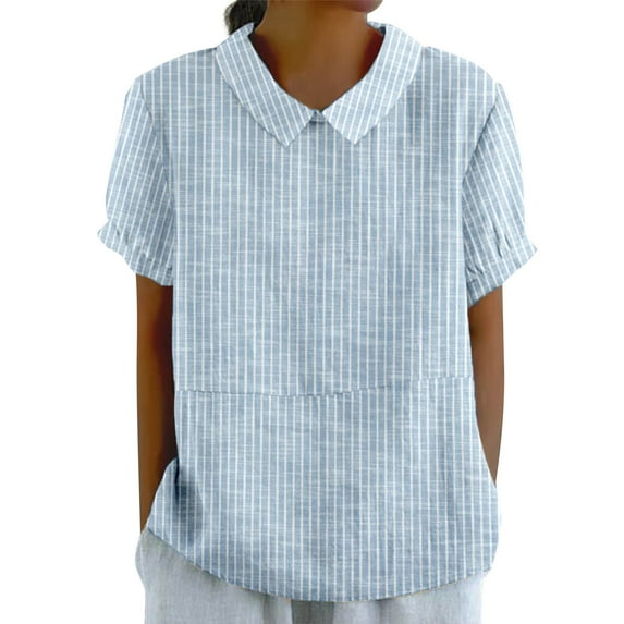 Womens Shirts Lapel Striped Back Button Loose Summer Tshirts Shirts for Women Blue 2Xl