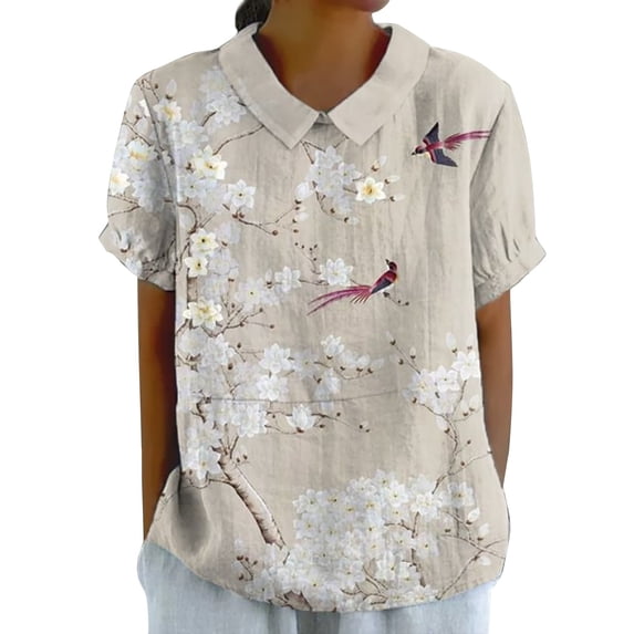 Womens Shirts Linen Floral Lapel Button Loose Summer Tshirts Shirts for Women Silver 2Xl
