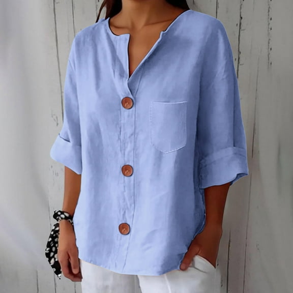 Womens Shirts Linen Shirts for Women Summer 2026 Trendy V Neck 3/4 Sleeve Top Loose Vacation Beach Solid Blouses Tops Fashion Clothing
