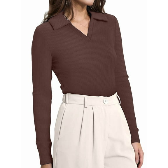 Womens Shirts Long Sleeve Business Casual Tops Collared V Neck Ribbed Knit Sweater Slim Fit Blouses Dark Brown L