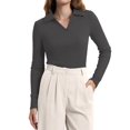 thumbnail image 1 of Womens Shirts Long Sleeve Business Casual Tops Collared V Neck Ribbed Knit Sweater Slim Fit Blouses Dark Gray XL, 1 of 3