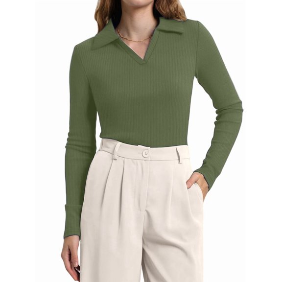 Womens Shirts Long Sleeve Business Casual Tops Collared V Neck Ribbed Knit Sweater Slim Fit Blouses Green L