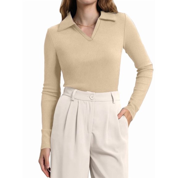 Womens Shirts Long Sleeve Business Casual Tops Collared V Neck Ribbed Knit Sweater Slim Fit Blouses Khaki XL