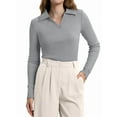 thumbnail image 1 of Womens Shirts Long Sleeve Business Casual Tops Collared V Neck Ribbed Knit Sweater Slim Fit Blouses Light Gray M, 1 of 5