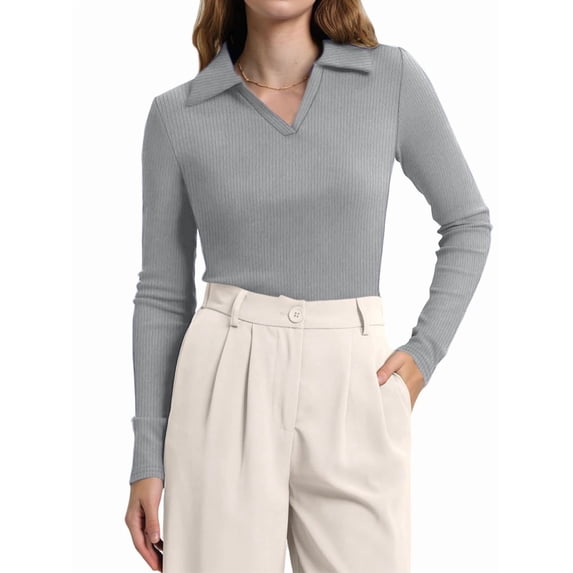 Womens Shirts Long Sleeve Business Casual Tops Collared V Neck Ribbed Knit Sweater Slim Fit Blouses Light Gray M