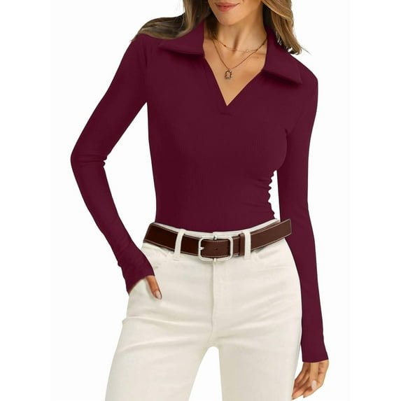 Womens Shirts Long Sleeve Business Casual Tops Collared V Neck Ribbed Knit Sweater Slim Fit Blouses Wine Red L