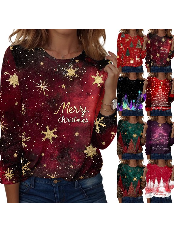 Womens Shirts Long Sleeve Christmas Funny Merry Christmas Graphic Tee Causal Holiday Crewneck Xmas Snowflake Going Out Tops