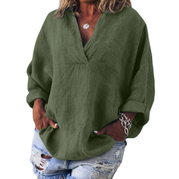 Womens Shirts Long Sleeve Cotton Linen Gauze Tops Casual V Neck Blouses Loose Fit Army Green M