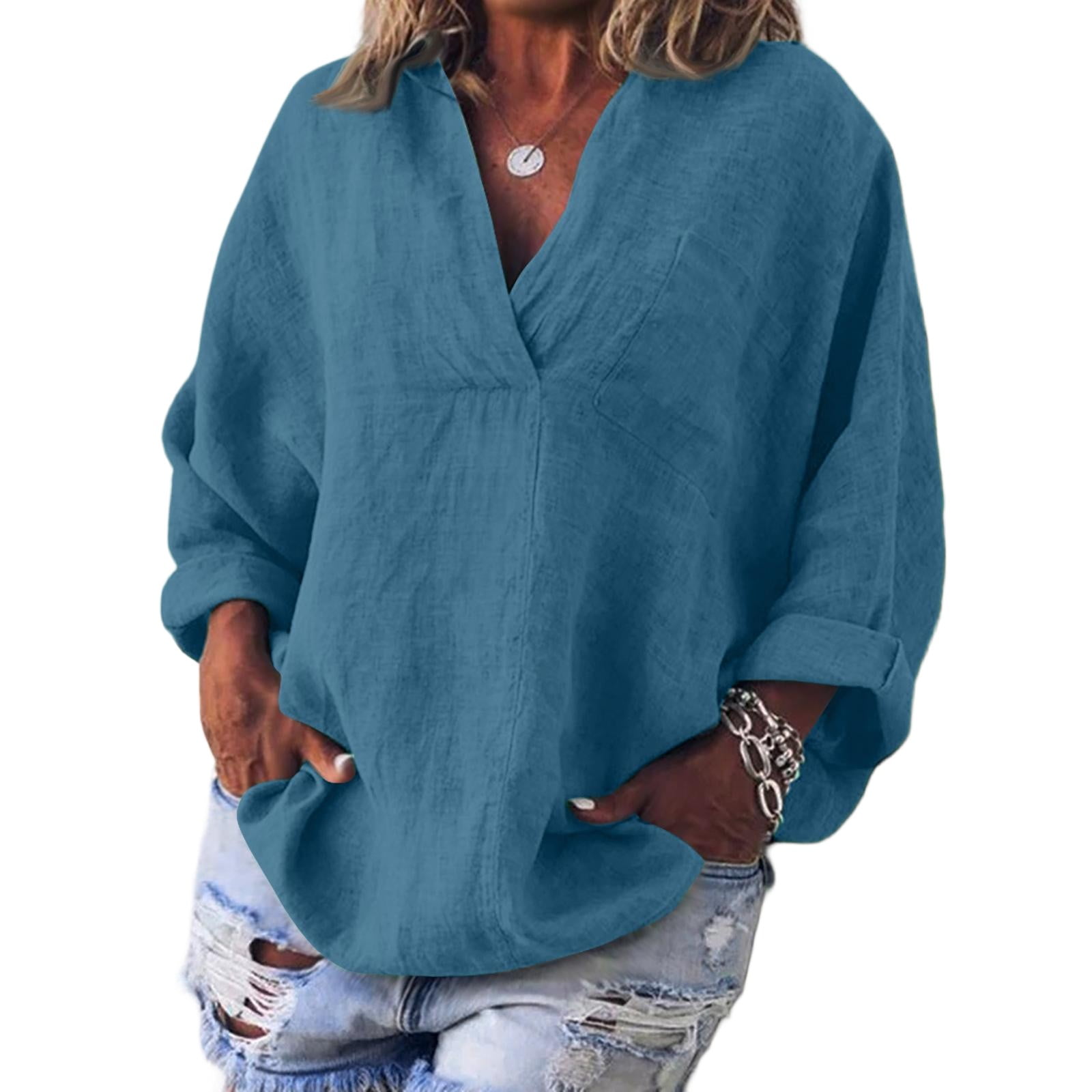 Womens Shirts Long Sleeve Cotton Linen Gauze Tops Casual V Neck Blouses ...