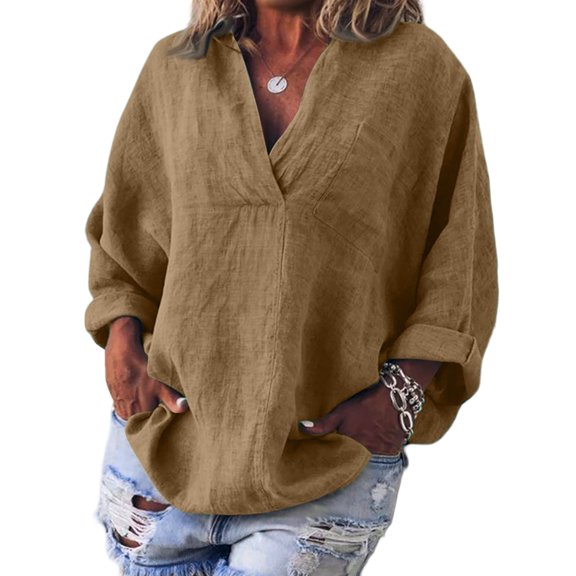 Womens 100% Cotton Linen Tunic Long Sleeve V Neck Gauze Shirt Casual Work Lounge Blouse Tops Camel M