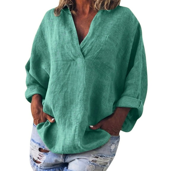 Womens 100% Cotton Linen Tunic Long Sleeve V Neck Gauze Shirt Casual Work Lounge Blouse Tops Green M