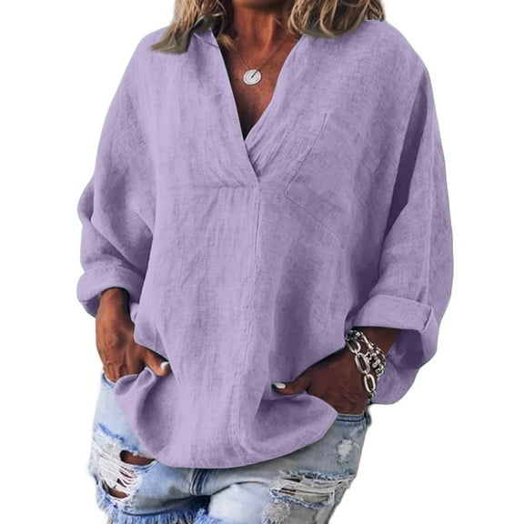 Womens V Neck Shirts Linen Cotton Long Sleeve Blouse Tunic Tops Cover Up Shirt Loose Beach Bikini Dress Light Purple M