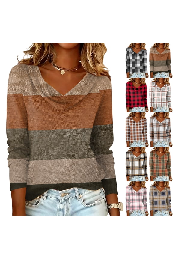 Womens Shirts Long Sleeve Cowl Neck Elegant Top Trendy Striped Shirt - Casual Lightweight Warm Work Blouse - Plaid Printed Shirt Basic Lightweight Holiday Blouse Top 2026 Spring Camel XXL