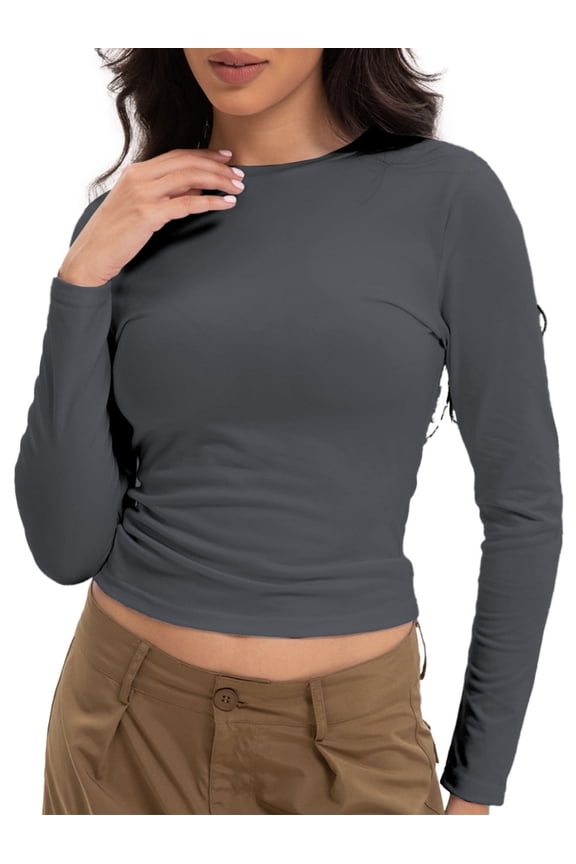 Womens Shirts Long Sleeve Crew Neck Ruched Stretch Basic Fitted Tee Shirts Tops