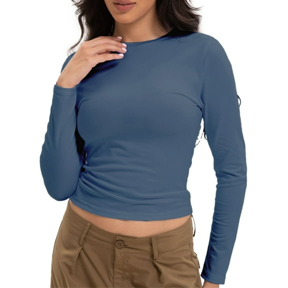 Womens Shirts Long Sleeve Crew Neck Ruched Stretch Basic Fitted Tee Shirts Tops