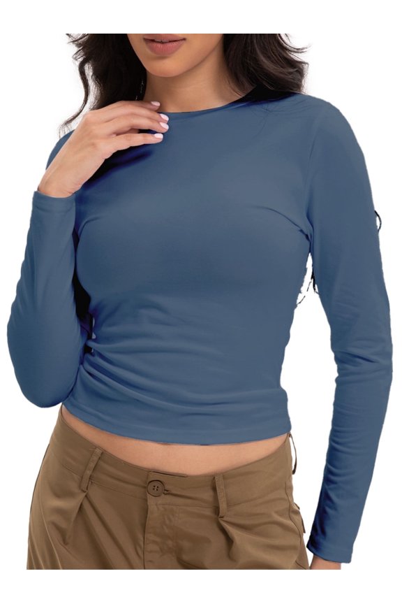 Womens Shirts Long Sleeve Crew Neck Ruched Stretch Basic Fitted Tee Shirts Tops