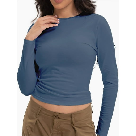 Womens Shirts Long Sleeve Crew Neck Ruched Stretch Basic Fitted Tee Shirts Tops
