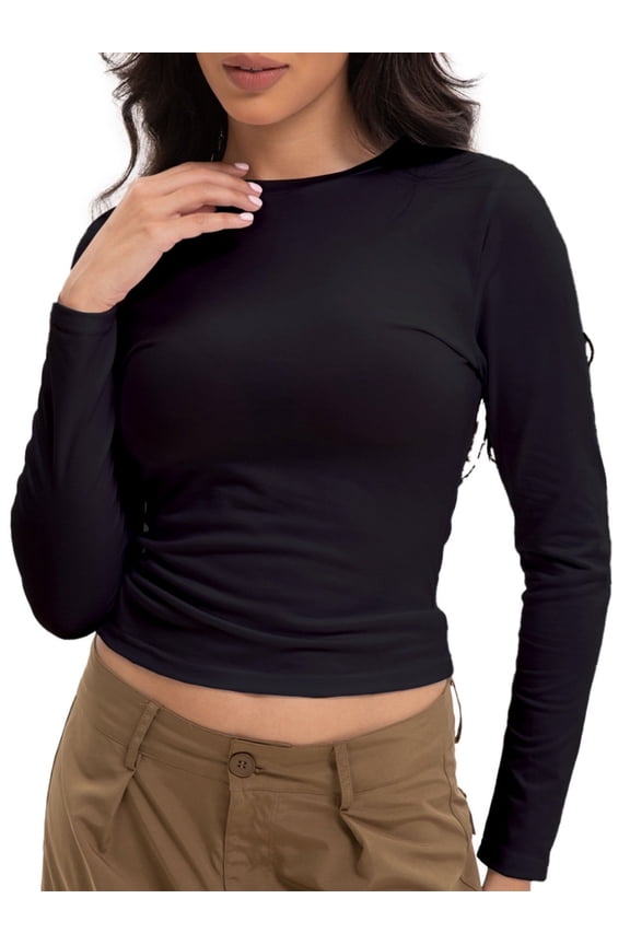Womens Shirts Long Sleeve Crew Neck Ruched Stretch Basic Fitted Tee Shirts Tops