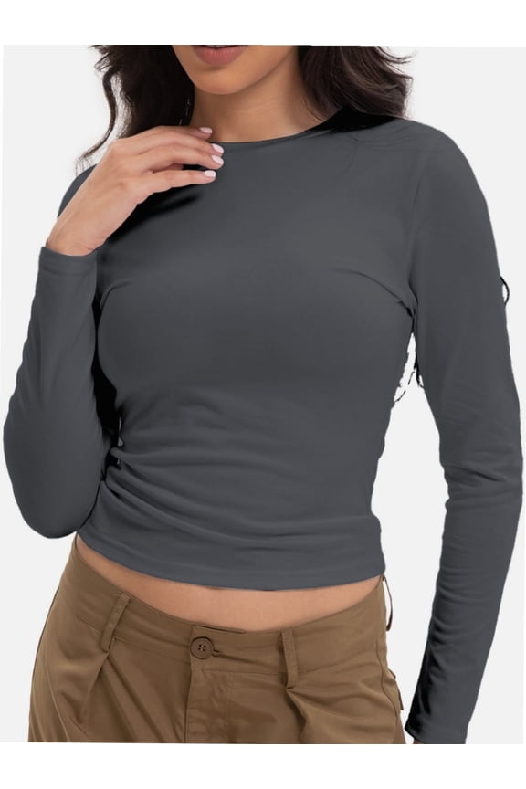 Womens Shirts Long Sleeve Crew Neck Ruched Stretch Basic Fitted Tee Shirts Tops