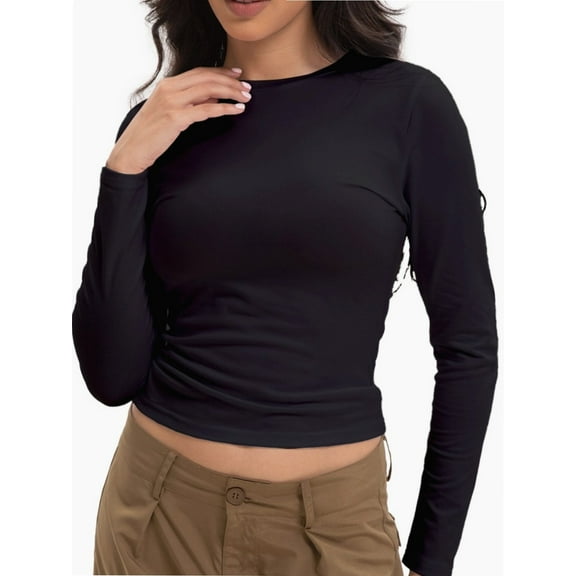 Womens Shirts Long Sleeve Crew Neck Ruched Stretch Basic Fitted Tee Shirts Tops