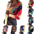 thumbnail image 1 of Womens Shirts Long Sleeve Retro Texture Oil Painting Print Blouses Slim Fit Going Out Tunic Tops Dressy Casual Round Neck Spring Day Tops Pink M, 1 of 6