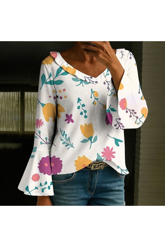 Womens Shirts Long Sleeve Shirts for Women 2026 Spring Fall Fashion Basic Trendy Crew Neck Printed Casual Tops