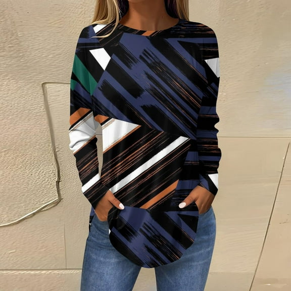 Womens Shirts Loose Fashion Women's Casual Long Sleeved Round Neck Printed Tops