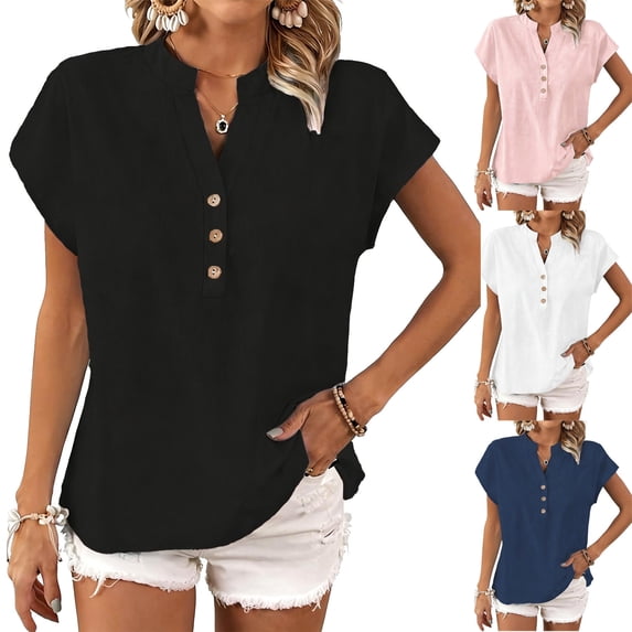 Womens Shirts Loose Fit Button Down Shirt For Short Sleeve Casual Top Pure Color Linen Blend Relaxed Fit Retro Fashion Trendy Clothes