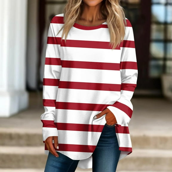 Womens Shirts Loose Women's Casual Plus Size Long Sleeved Round Printed T-shirt Top Pullover