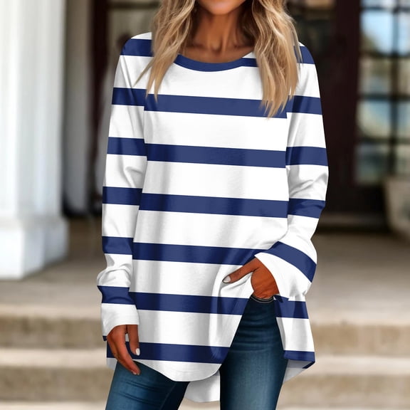 Womens Shirts Loose Women's Casual Plus Size Long Sleeved Round Printed T-shirt Top Pullover