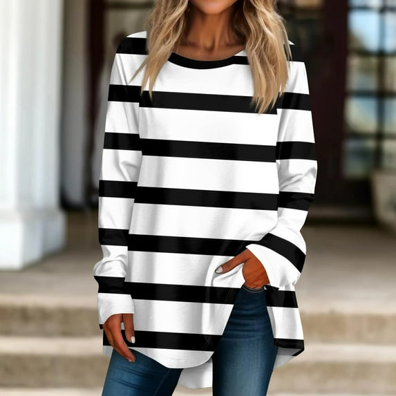 Womens Shirts Loose Women's Casual Plus Size Long Sleeved Round Printed T-shirt Top Pullover