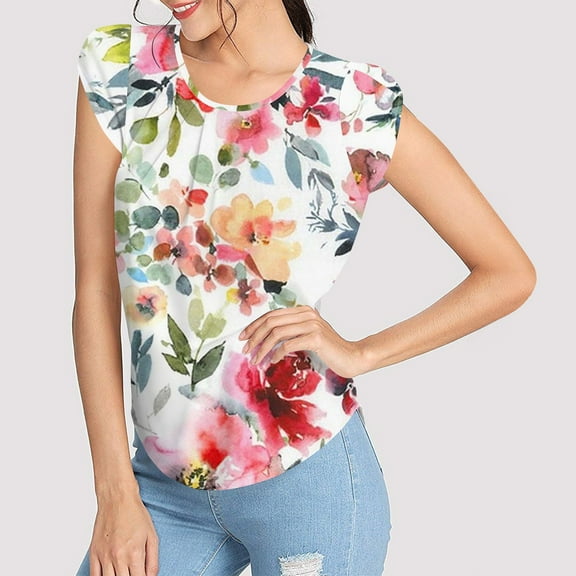 Womens Shirts Loose Women's Fashion Printed Short-sleeved Button Round Neck Casual Tops