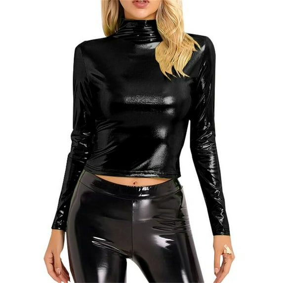 Womens Shirts Metallic Liquid Mock Neck Turtleneck Crop Top Long Sleeve/Sleeveless Tank Top T Shirt Workout Tops