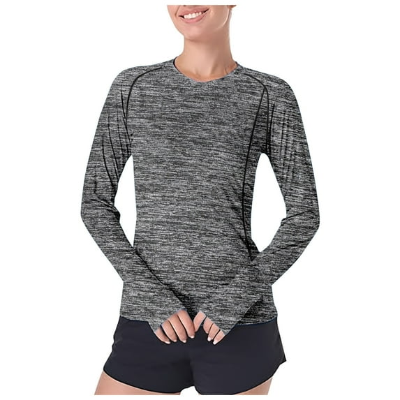 Womens Shirts Novelty Solid Color Crew Neck Long Sleeve Workout Tunic Blouses Slim Fit Casual Trendy Gym Running Tops