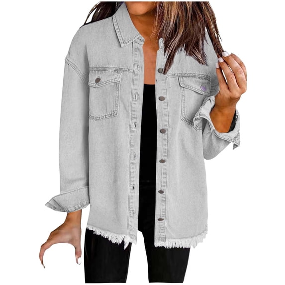 Womens Shirts Oversized Button Down Frayed Hem Shackets Fashion Long Sleeve Denim Jean Jackets Coats with Pockets