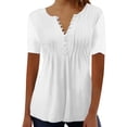 thumbnail image 1 of Womens Shirts Pleated Round Neck Button Short Sleeve Summer Tshirts Shirts for Women White L, 1 of 5