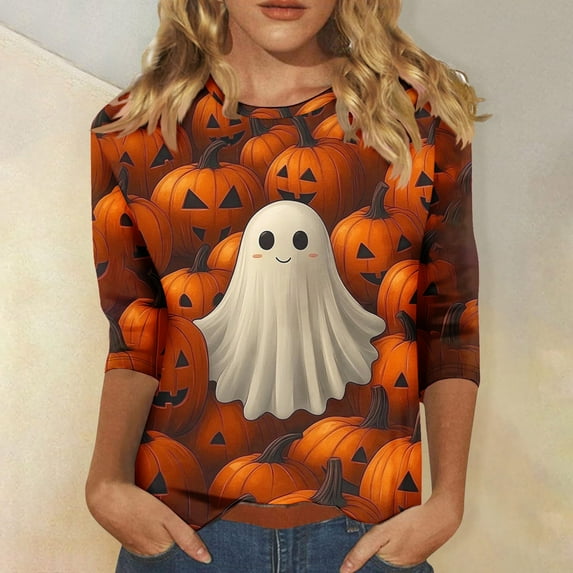 Womens Tops,Shirts for Women Plus Size 3/4 Sleeve Halloween Pumpkin Print Round-Neck Casual T-shirt 4-Multicolor XXL