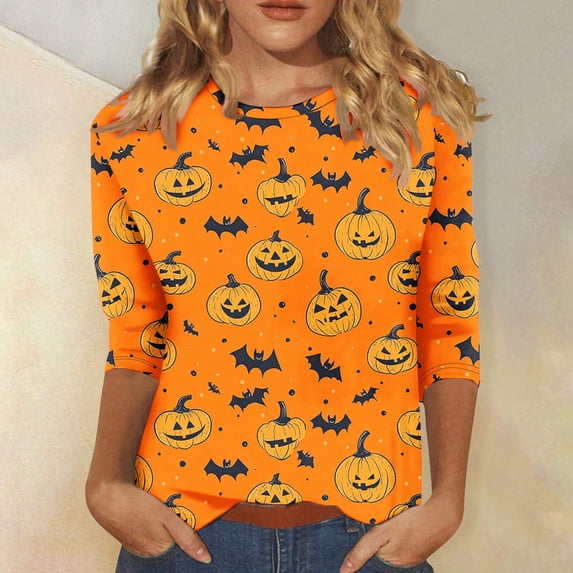 Womens Tops,Shirts for Women Plus Size 3/4 Sleeve Halloween Pumpkin Print Round-Neck Casual T-shirt 3-Multicolor XXL