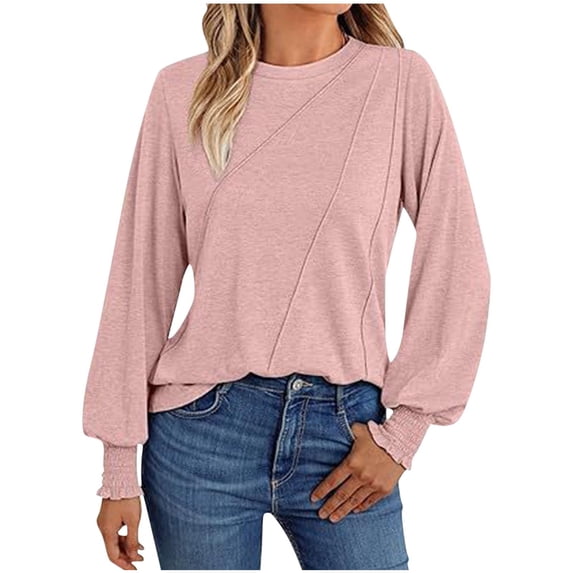 Womens Shirts Plus Size Fashion Fall Casual Solid Color Round Neck Fashion Long Sleeved Blouses Shirts Top