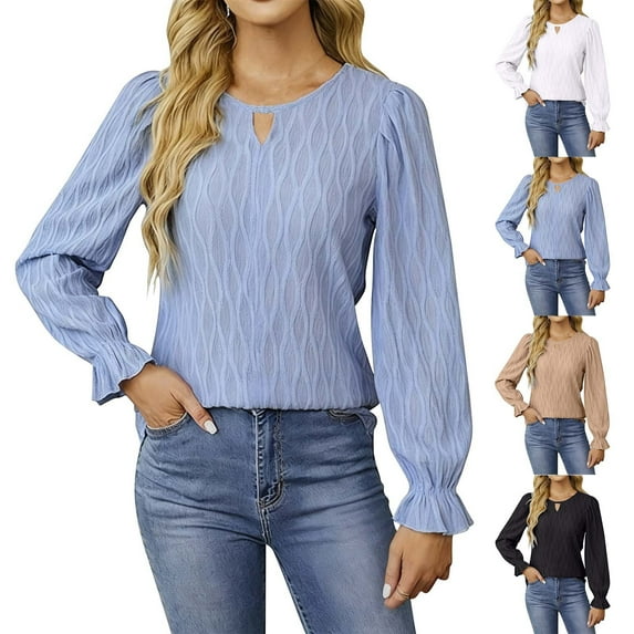Womens Shirts Plus Size Fashion Fall Casual Solid Color Round Neck Long Sleeved Shirt