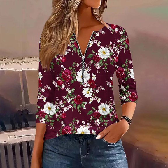 Womens Shirts Plus Size Long Sleeve Zipper Floral Printed Casual Round Neck T-shirt Blouse WineXXL