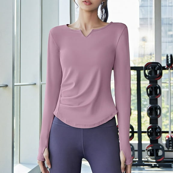 Womens Shirts Plus Size Loose fit Women's Solid Color V Neck Thumb Cover Waist Fold Fashion Running Fitness Cycling Wear Yoga Wear Top Long Sleeved T Shirt Womens Shirts Plus Size Winter