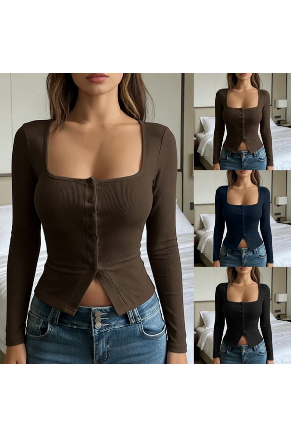 Womens Shirts Plus Size Square Neck Long Sleeve Knit Sweater Fall Winter Button Down Tunic Top for Casual Wear